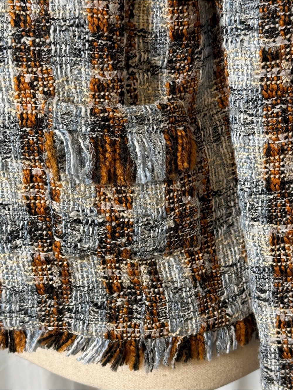 L’Agence Angelina Tweed Jacket Blue Brown Fringe Blazer Size 8 - Picture 6 of 15